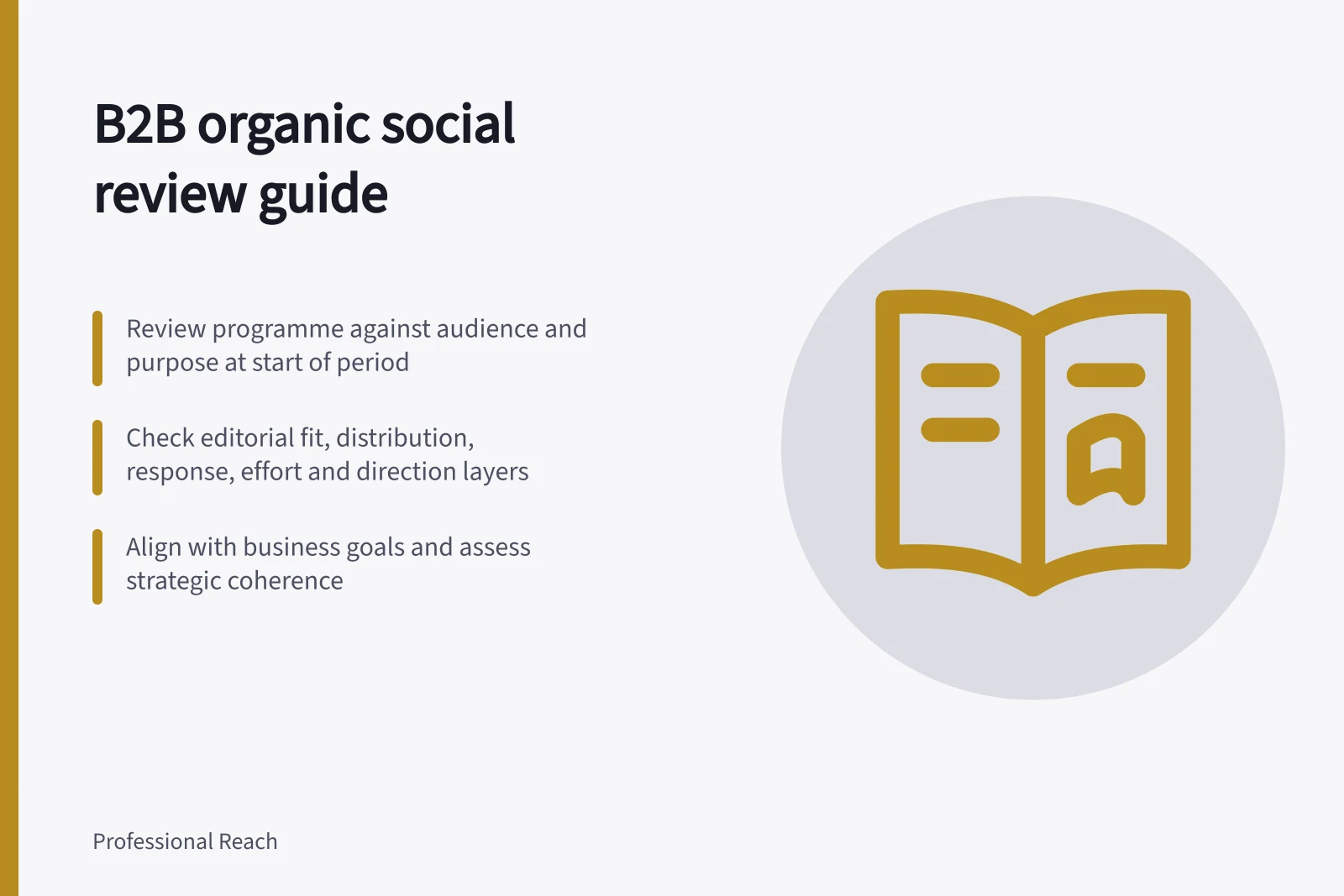 B2B organic social review guide: Review programme against audience and purpose at start of period; Check editorial fit, distribution, response, effort and direction layers; Align with business goals and assess strategic coherence