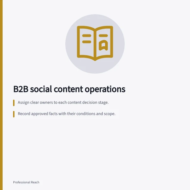 B2B social content operations: Assign clear owners to each content decision stage.; Record approved facts with their conditions and scope.; ACCC can investigate false claims and requires substantiation. B2B social content operations