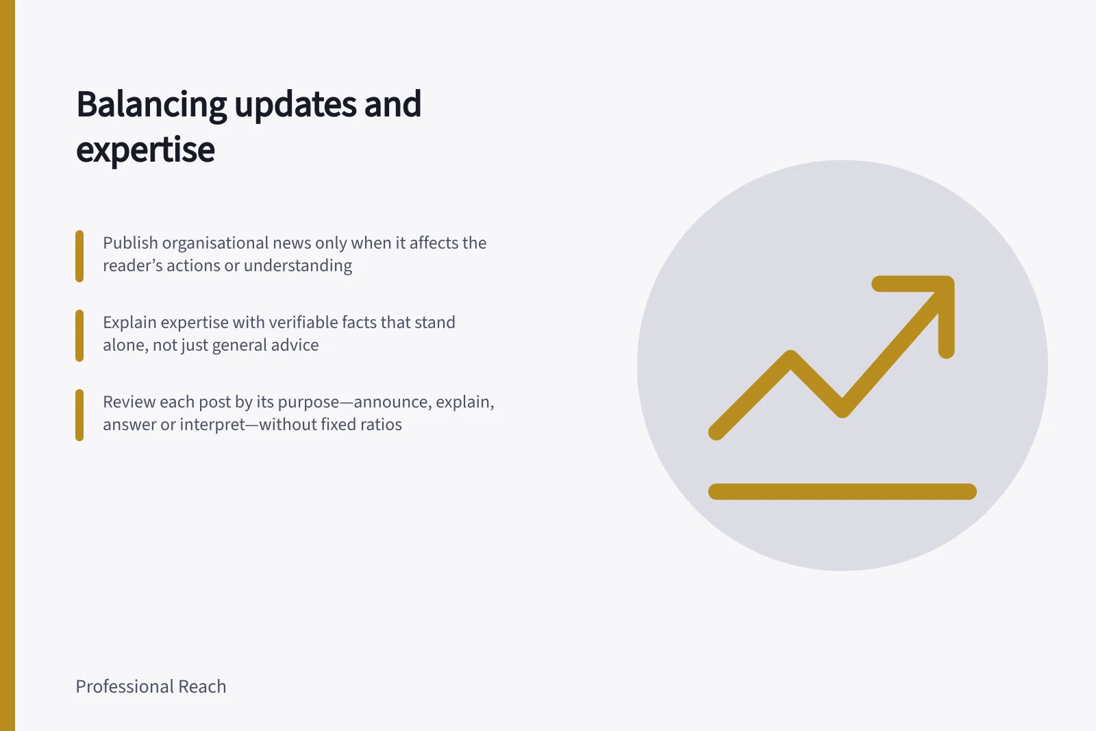 Balancing updates and expertise: Publish organisational news only when it affects the reader’s actions or understanding; Explain expertise with verifiable facts that stand alone, not just general advice; Review each post by its purpose—announce, explain, answer or interpret—without fixed ratios