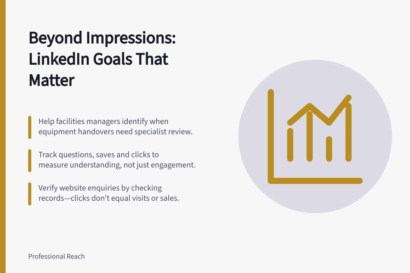 Beyond Impressions: LinkedIn Goals That Matter: Help facilities managers identify when equipment handovers need specialist review.; Track questions, saves and clicks to measure understanding, not just engagement.; Verify website enquiries by checking records—clicks don’t equal visits or sales.