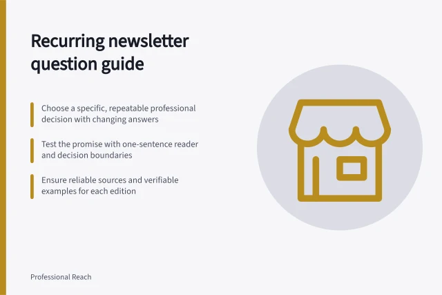 Recurring newsletter question guide: Choose a specific, repeatable professional decision with changing answers; Test the promise with one-sentence reader and decision boundaries; Ensure reliable sources and verifiable examples for each edition. Choosing a recurring newsletter question