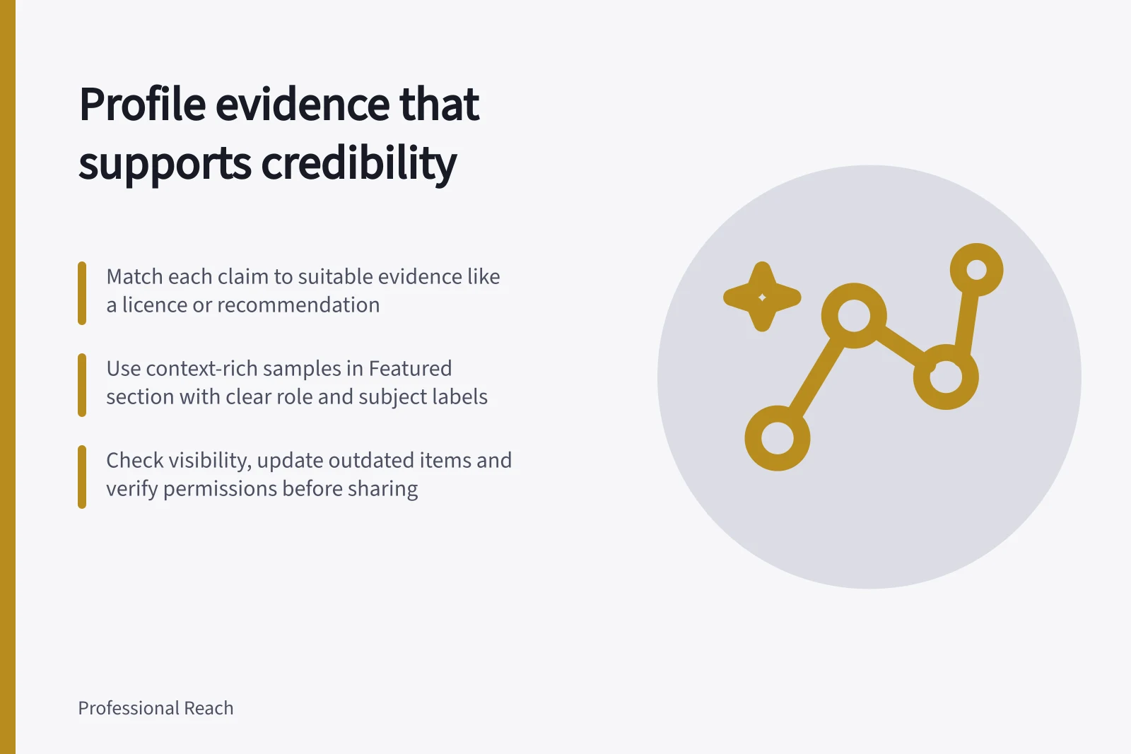 Profile evidence that supports credibility: Match each claim to suitable evidence like a licence or recommendation; Use context-rich samples in Featured section with clear role and subject labels; Check visibility, update outdated items and verify permissions before sharing