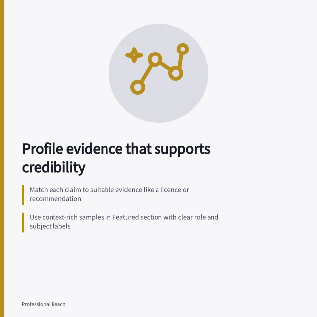 Profile evidence that supports credibility: Match each claim to suitable evidence like a licence or recommendation; Use context-rich samples in Featured section with clear role and subject labels; Check visibility, update outdated items and verify permissions before sharing. Choosing profile evidence that supports credibility