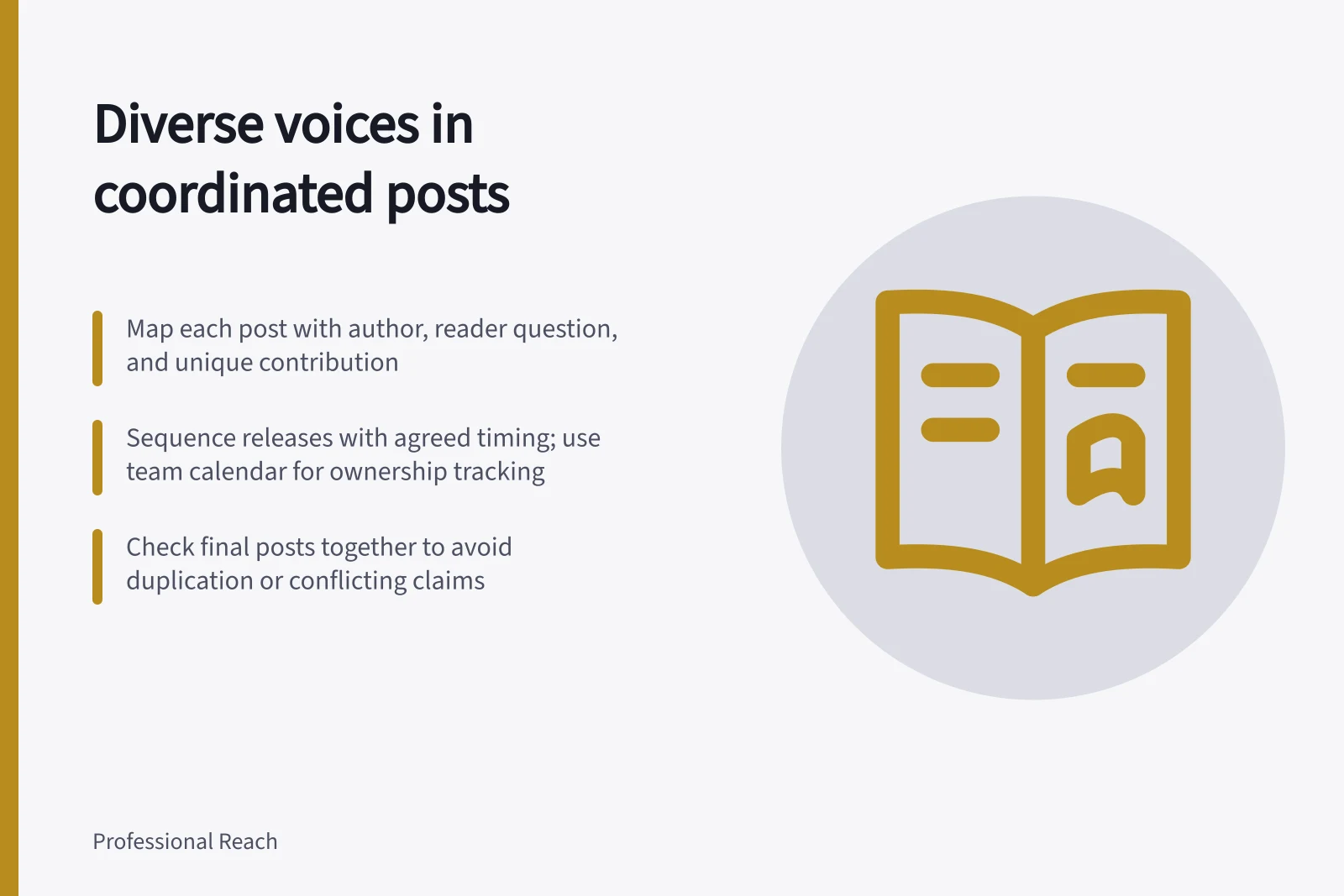 Diverse voices in coordinated posts: Map each post with author, reader question, and unique contribution; Sequence releases with agreed timing; use team calendar for ownership tracking; Check final posts together to avoid duplication or conflicting claims