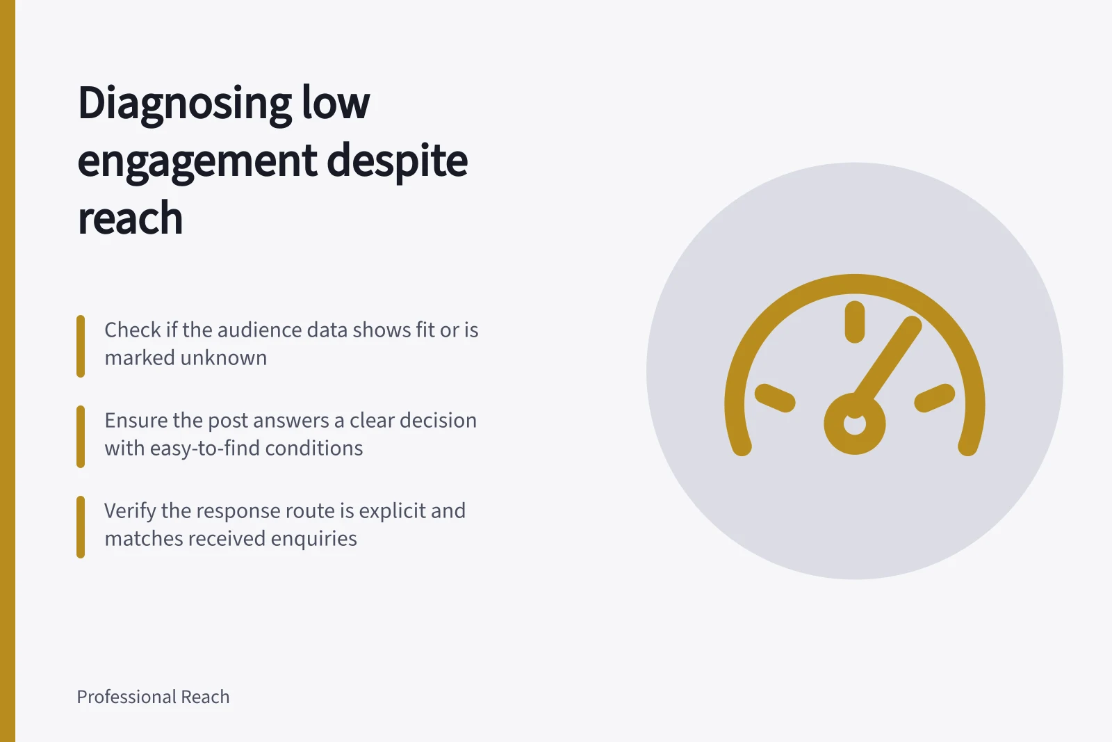 Diagnosing low engagement despite reach: Check if the audience data shows fit or is marked unknown; Ensure the post answers a clear decision with easy-to-find conditions; Verify the response route is explicit and matches received enquiries