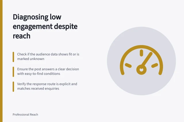 Diagnosing low engagement despite reach: Check if the audience data shows fit or is marked unknown; Ensure the post answers a clear decision with easy-to-find conditions; Verify the response route is explicit and matches received enquiries. Diagnosing reach without relevant responses