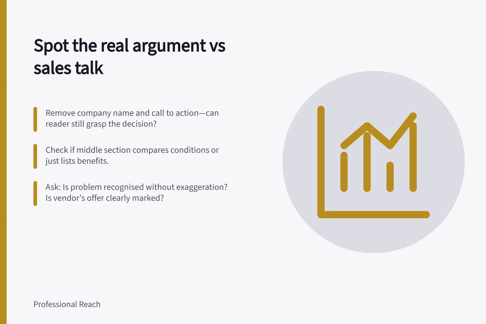 Spot the real argument vs sales talk: Remove company name and call to action—can reader still grasp the decision?; Check if middle section compares conditions or just lists benefits.; Ask: Is problem recognised without exaggeration? Is vendor’s offer clearly marked?