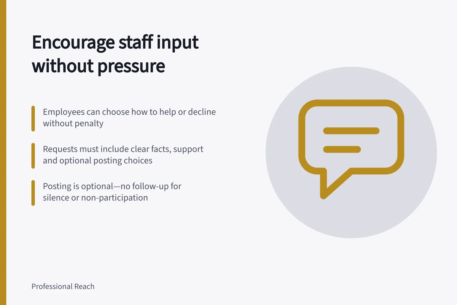 Encourage staff input without pressure: Employees can choose how to help or decline without penalty; Requests must include clear facts, support and optional posting choices; Posting is optional—no follow-up for silence or non-participation