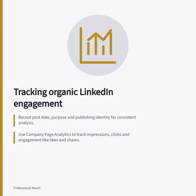 Tracking organic LinkedIn engagement: Record post date, purpose and publishing identity for consistent analysis.; Use Company Page Analytics to track impressions, clicks and engagement like likes and shares.; Separate paid campaign data from organic results to avoid misinterpretation. Measuring organic professional social activity