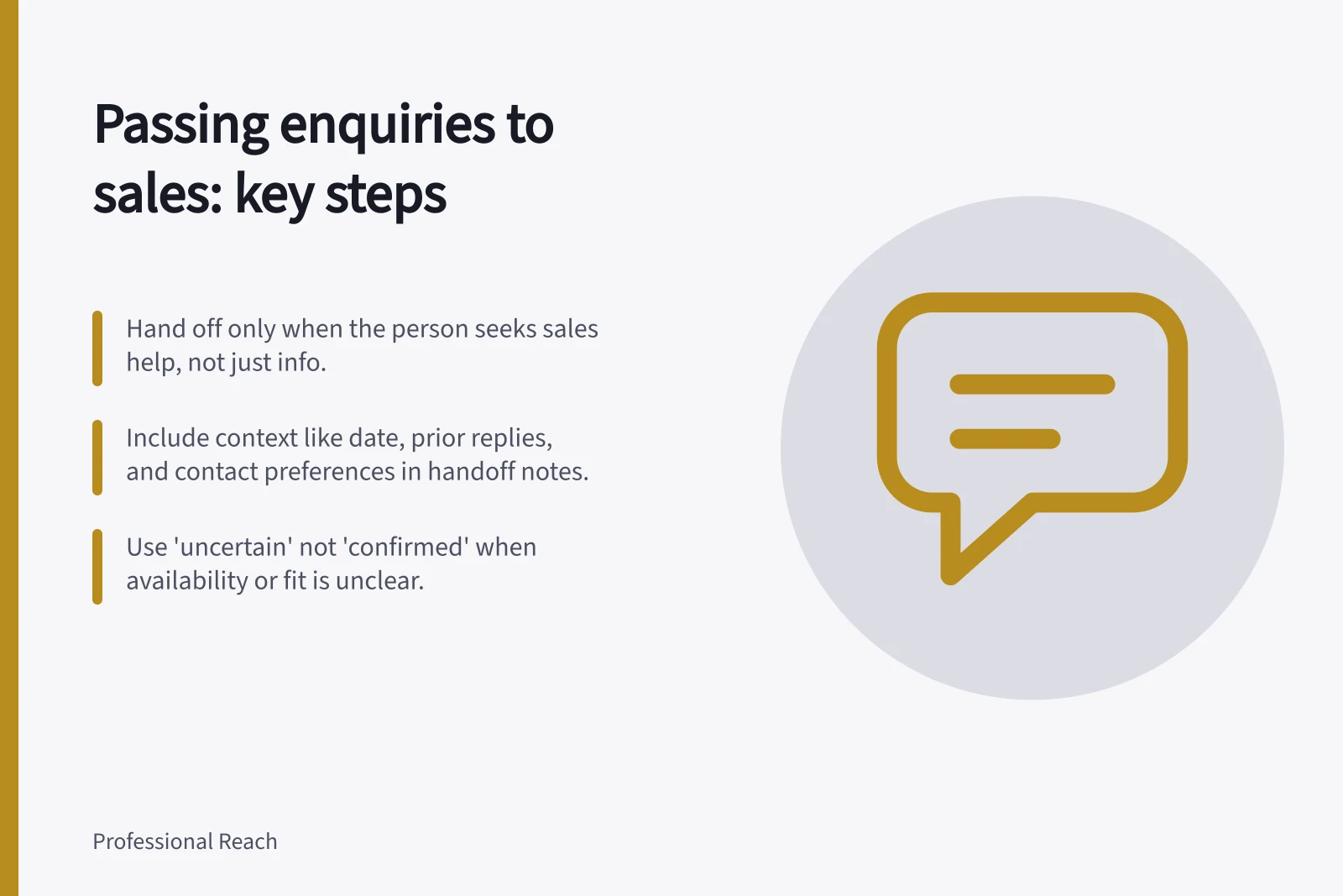 Passing enquiries to sales: key steps: Hand off only when the person seeks sales help, not just info.; Include context like date, prior replies, and contact preferences in handoff notes.; Use 'uncertain' not 'confirmed' when availability or fit is unclear.