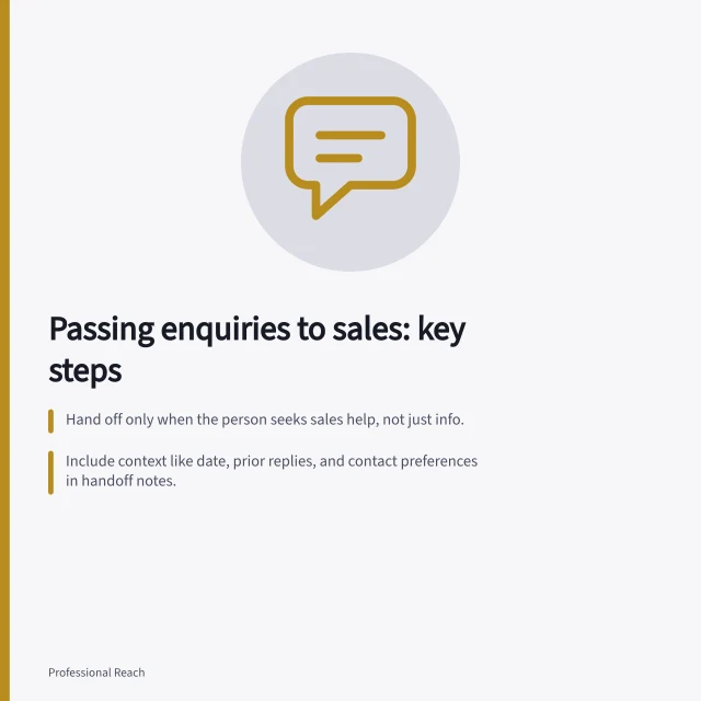 Passing enquiries to sales: key steps: Hand off only when the person seeks sales help, not just info.; Include context like date, prior replies, and contact preferences in handoff notes.; Use 'uncertain' not 'confirmed' when availability or fit is unclear. Passing a relevant social enquiry to sales