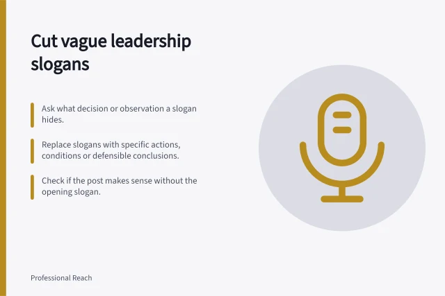 Cut vague leadership slogans: Ask what decision or observation a slogan hides.; Replace slogans with specific actions, conditions or defensible conclusions.; Check if the post makes sense without the opening slogan. Removing generic leadership slogans from a post