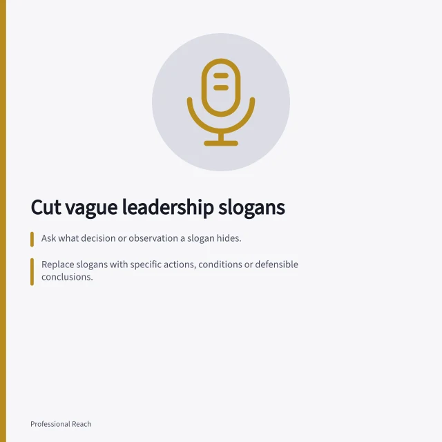 Cut vague leadership slogans: Ask what decision or observation a slogan hides.; Replace slogans with specific actions, conditions or defensible conclusions.; Check if the post makes sense without the opening slogan. Removing generic leadership slogans from a post