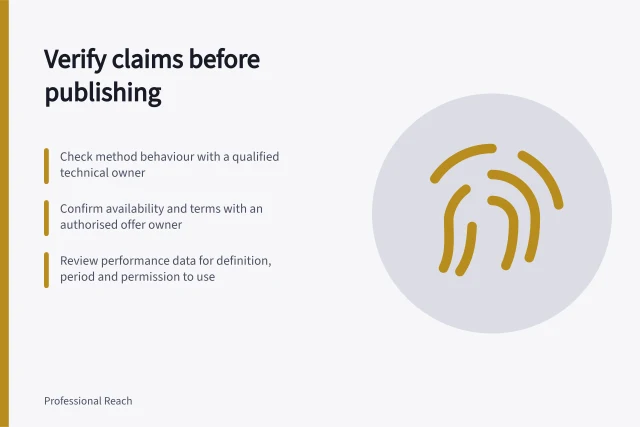 Verify claims before publishing: Check method behaviour with a qualified technical owner; Confirm availability and terms with an authorised offer owner; Review performance data for definition, period and permission to use. Reviewing technical claims before posting