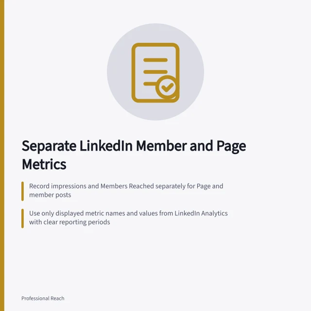 Separate LinkedIn Member and Page Metrics: Record impressions and Members Reached separately for Page and member posts; Use only displayed metric names and values from LinkedIn Analytics with clear reporting periods; Label organic or sponsored distribution only when shown in the report. Separating personal profile reach from company Page results