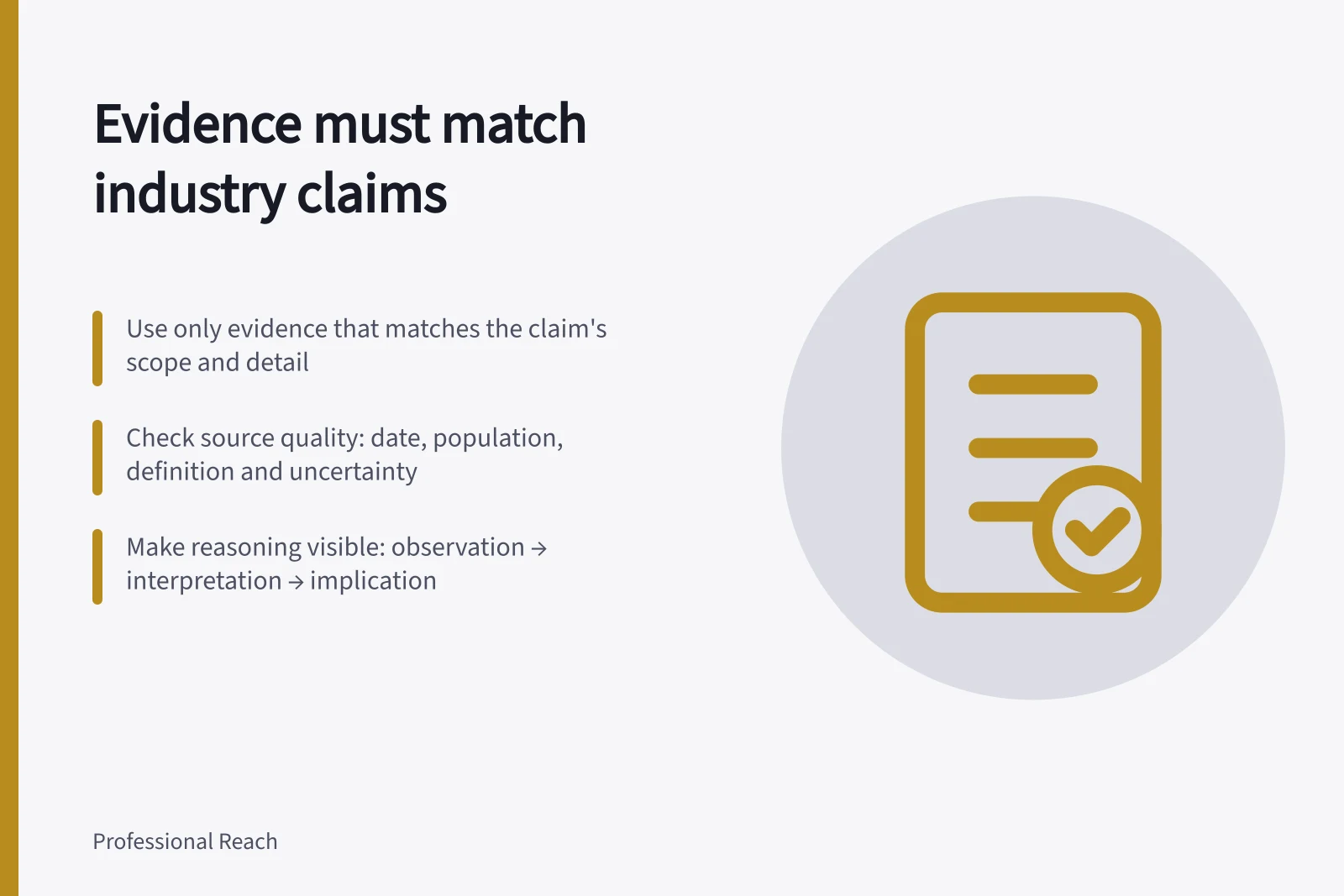 Evidence must match industry claims: Use only evidence that matches the claim's scope and detail; Check source quality: date, population, definition and uncertainty; Make reasoning visible: observation → interpretation → implication