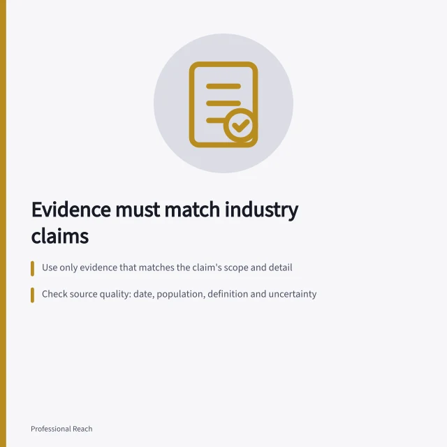 Evidence must match industry claims: Use only evidence that matches the claim's scope and detail; Check source quality: date, population, definition and uncertainty; Make reasoning visible: observation → interpretation → implication. Supporting an industry opinion with evidence
