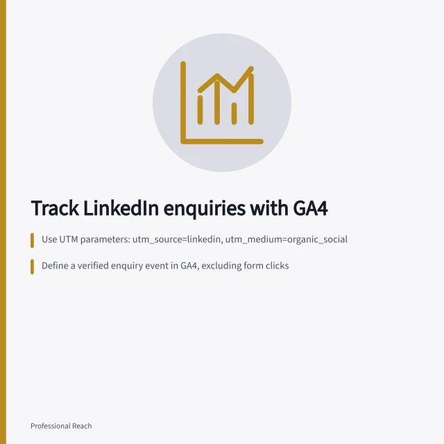 Track LinkedIn enquiries with GA4: Use UTM parameters: utm_source=linkedin, utm_medium=organic_social; Define a verified enquiry event in GA4, excluding form clicks; Compare GA4 session data with actual contact records received. Tracking website enquiries from organic LinkedIn content