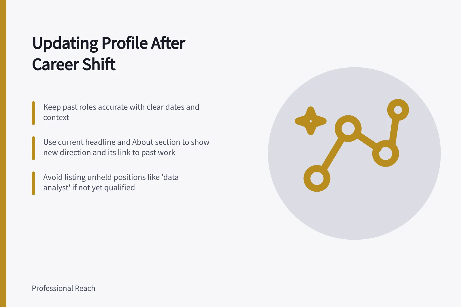 Updating Profile After Career Shift: Keep past roles accurate with clear dates and context; Use current headline and About section to show new direction and its link to past work; Avoid listing unheld positions like 'data analyst' if not yet qualified
