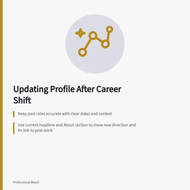 Updating Profile After Career Shift: Keep past roles accurate with clear dates and context; Use current headline and About section to show new direction and its link to past work; Avoid listing unheld positions like 'data analyst' if not yet qualified. Updating a profile after a change in professional focus