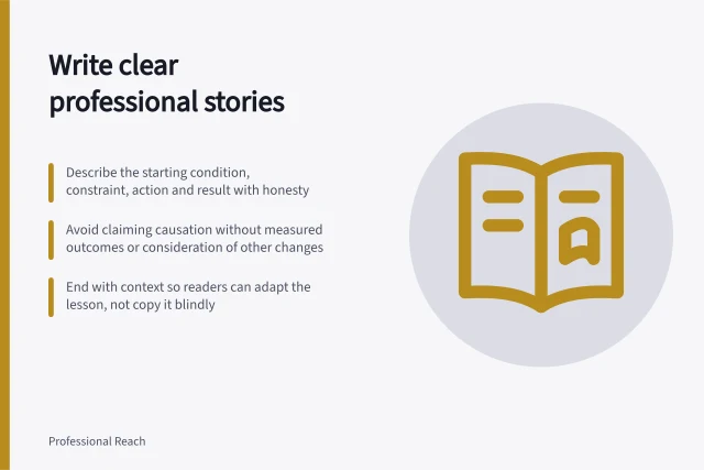 Write clear professional stories: Describe the starting condition, constraint, action and result with honesty; Avoid claiming causation without measured outcomes or consideration of other changes; End with context so readers can adapt the lesson, not copy it blindly. Writing a clear professional story without manufactured drama