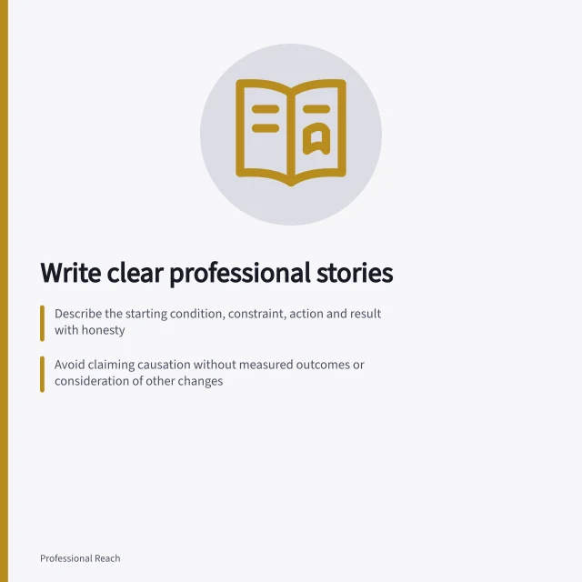 Write clear professional stories: Describe the starting condition, constraint, action and result with honesty; Avoid claiming causation without measured outcomes or consideration of other changes; End with context so readers can adapt the lesson, not copy it blindly. Writing a clear professional story without manufactured drama